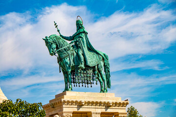 Horse riding statue of Stephen I (the first king of Hungary) in front of the Fisherman's Bastion in Budapest, Hungary