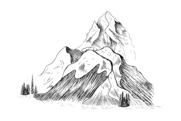 Hand drawn mountain landscape.Peaks, rocks and hills in the snow. Ski resort.