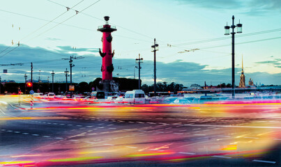 Night traffic lights on the Vasilievsky Island in St. Petersburg, Russia