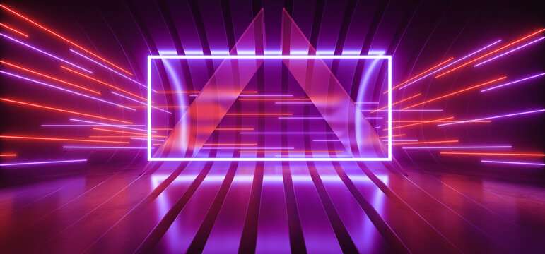 Cyber Neon Metal Curved Stripes Glowing Glass Frosted Panels Triangle Purple Red Vibrant Fluorescent Laser Lights Glowing Dark Corridor Hallway Room Glossy Stage Podium 3D Rendering © IM_VISUALS