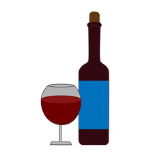 Bottle of red wine and a glass. Vector illustration of an alcoholic beverage for the menu of a bar, restaurant.
