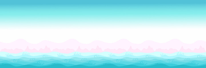 Pink sand, beach, blue sea, summer background pattern with ocean wave, horizon landscape graphic design