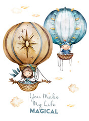 watercolor hot air balloons with knight and princess in the clouds, romantic mood in pastel colors