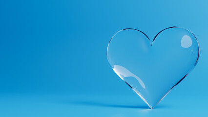 SIngle transparent heart made of glass  isolated on blue background. Valentine's Day 3d illustration - rendering