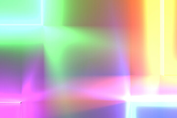 Multicolored neon glowing background. 3D illustration. Green pink red blue neon lights.