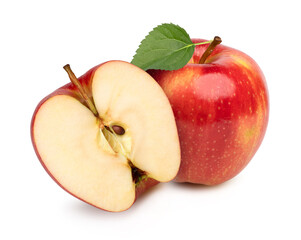 Red apple with leaves and halves isolated on white background