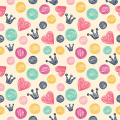 Seamless pattern with crowns and polka dots. Drawn in children's style.