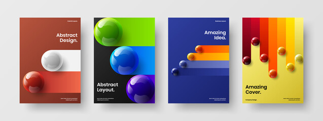 Abstract company brochure A4 design vector template bundle. Simple 3D balls annual report illustration set.