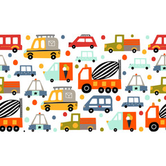 Fototapety  Cute kids seamless horizontal  border with cars on a white background.Can be used in textile industry, paper, background, scrapbooking.Vector