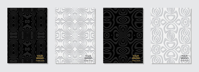 Cover design set, vertical templates. Collection of embossed black and white backgrounds, trendy art deco. Geometric ethnic 3d pattern. Handmade style of the peoples of the East, India, Mexico, Aztecs