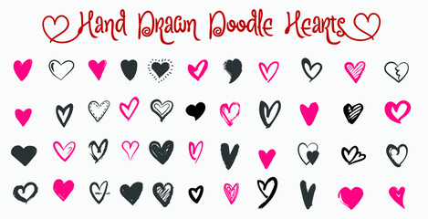 Hand drawn Doodle hearts Black And Red , love hearts collection, Elements for Valentine's Day, Vector illustration Set