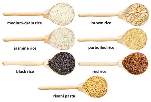 set of wooden spoon with various rices with names