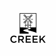 River Creek and Wind Mill Farm Field  vector icon illustration