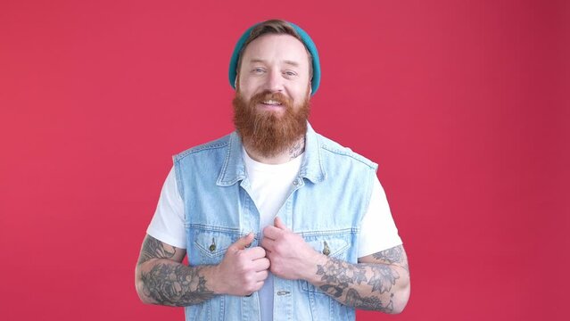Positive modern punk guy correct vest isolated shine color background