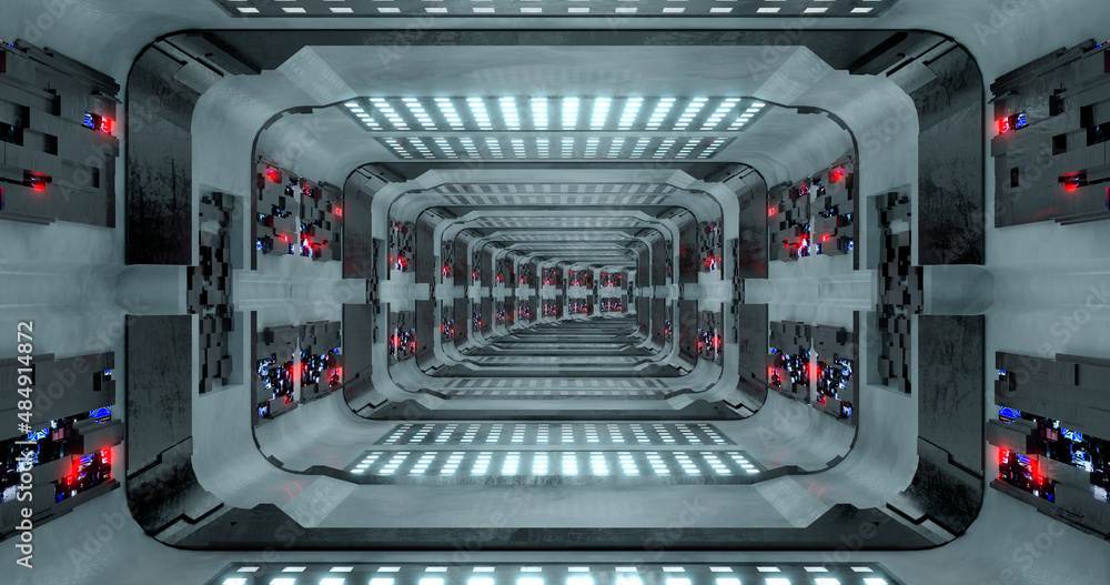 Poster 3d rendering. futuristic sci-fi laboratory or spaceship corridor with neon light.