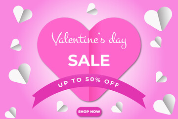 Valentine's day heart sale label, poster template. Paper heart with ribbon, isolated on a pink background. Vector illustration 