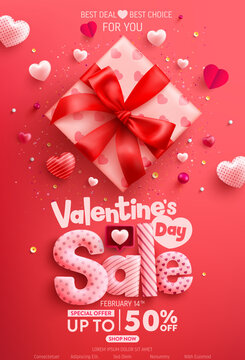 Valentine's Day Sale 50% off Poster or banner with cute gift box and sweet hearts on red background.Promotion and shopping template or background for Love and Valentine's day concept.