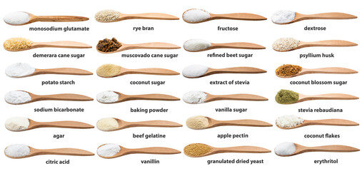 various cooking enhancers in spoon with names