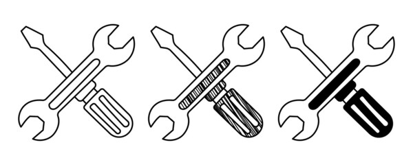 Set of hand drawn vector Tools Screwdriver and Wrench in a doodle cartoon style