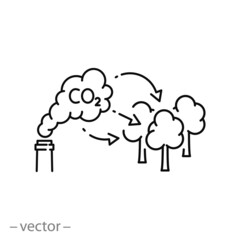 trees capture co2 emission icon, natural cleaning polluted air, forest filter carbon, reduce pollution, thin line symbol on white background - editable stroke vector illustration