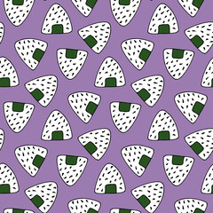 Seamless pattern with onigiri with black sesame seeds on light violet background. Vector image.