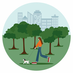 Casual weared girl walks with her dog in the park on the city background. Character vector illustration.