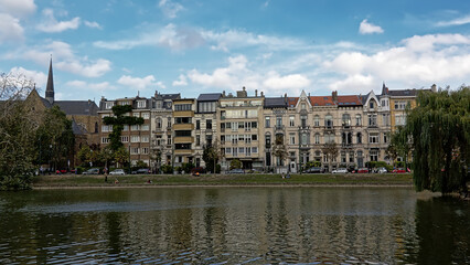 Buildings in eclectic art nouveau style on the embankment of Ixelles lakes, Brussels, Belgium