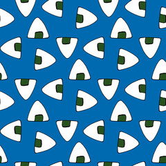 Seamless pattern with onigiri on bright blue background. Vector image.