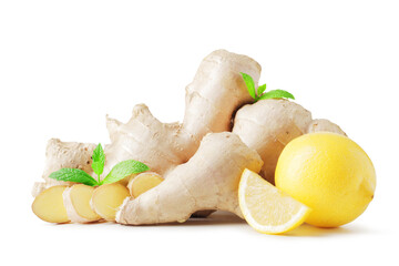 Composition of fresh ginger root, lemon and ginger pieces isolated on white background.