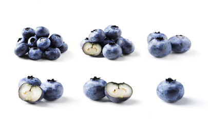 set of fresh blueberries on a white background