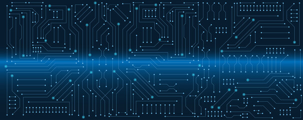 circuit board electronic or electrical line on blue engineering technology concept vector panorama background