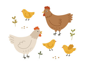 Cute hens and chickens in various poses with grains. Hand-drawn vector poultry, isolated on white background. Spring season concept, Easter, nature.