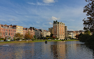 Fototapeta premium Buildings in eclectic art nouveau style on the embankment of Ixelles lakes, Brussels, Belgium