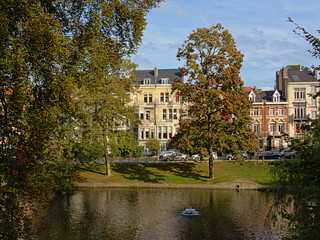 Buildings in eclectic art nouveau style on the embankment of Ixelles lakes, Brussels, Belgium