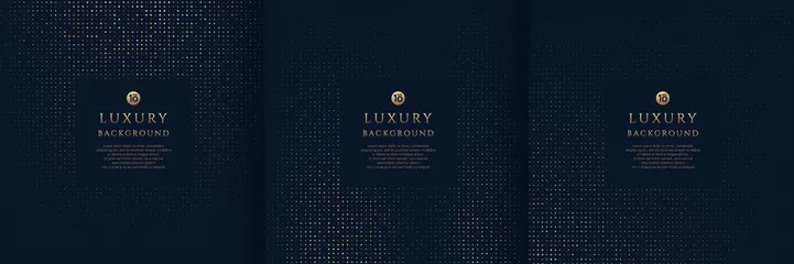 Poster Set of glowing golden dots glitter overlapping on dark blue background. Collection of luxury and elegant halftone pattern with copy space. Vector design for cover template, poster, banner, print ad. © Riseness