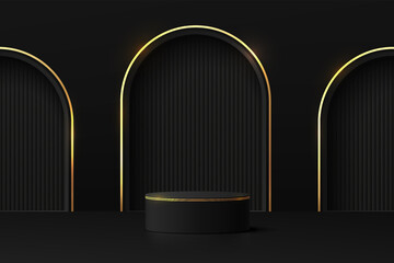3D abstract room and realistic black cylinder pedestal podium with luxury gold arch shape window scene. Minimal scene for product display presentation. Vector geometric platform. Stage for showcase. - obrazy, fototapety, plakaty