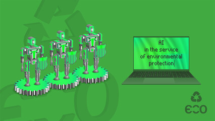 3d humanoid type robots with shields and an open laptop with a bright screen. Artificial intelligence in the service of environmental protection. Eco friendly green isometry