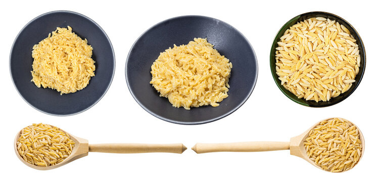 set of various dry and boiled orzo (risoni) pasta