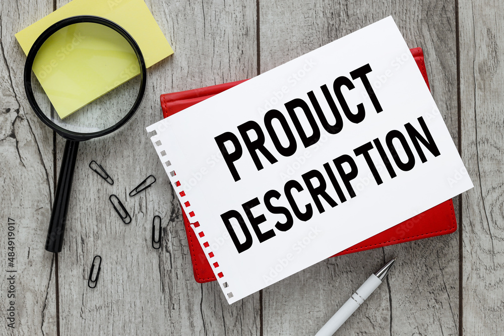 Poster product description text on a sheet of paper in a red notepad.