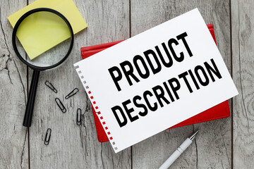 Product description text on a sheet of paper in a red notepad.