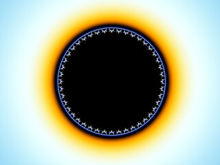 Round fractal frame in yellow rays on a soft blue background. Rendering an image obtained mathematically using formulas
