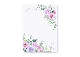 Greeting card with watercolor purple floral frame