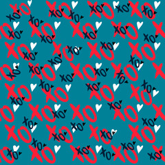 Vector seamless love symbol pattern, with stylish hearts and xoxo (hugs and kisses) phrase 