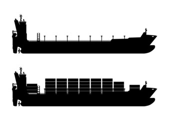 Empty and loaded container ship silhouettes. Side view of modern container ship. Vector. - 484919888