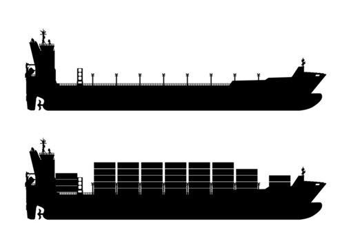 Empty and loaded container ship silhouettes. Side view of modern container ship. Vector.