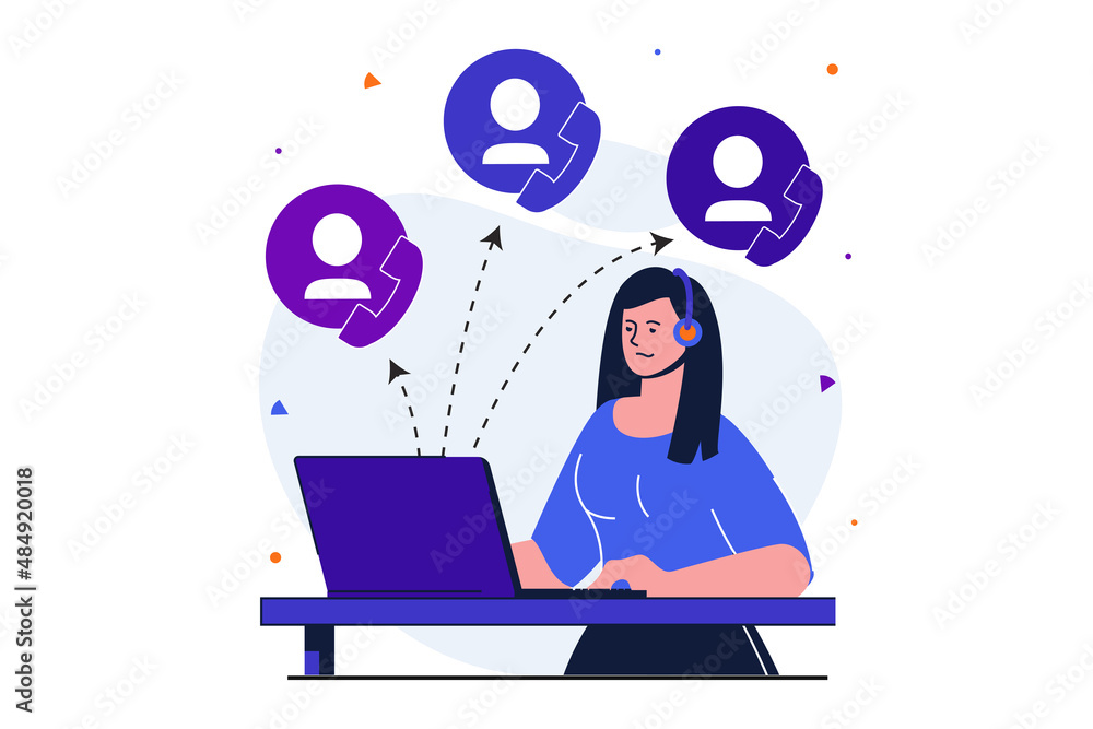 Poster customer service modern flat concept for web banner design. woman consultant working on laptop and a