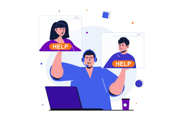 Customer service modern flat concept for web banner design. Man consultant assisting clients online, giving advice and solving technical problems. Vector illustration with isolated people scene