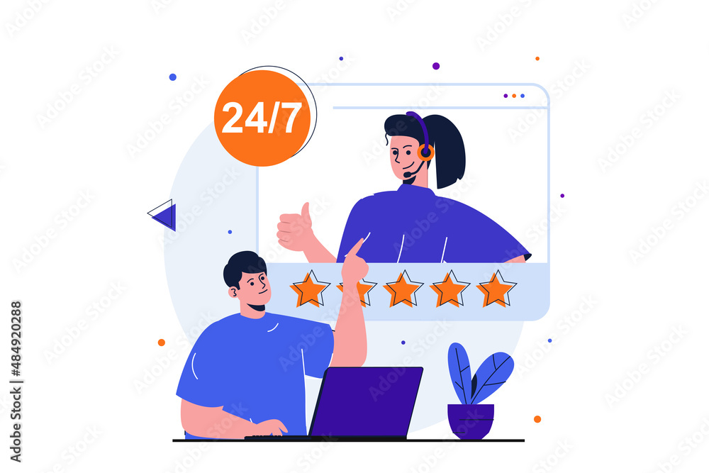 Leinwandbilder Customer service modern flat concept for web banner design. Client successfully solved his problem with help of virtual operator and gives high rating. Vector illustration with isolated people scene