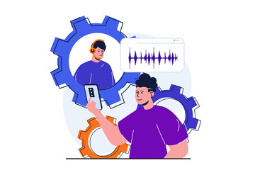 Customer service modern flat concept for web banner design. Male client contacted call center for information. Operator helps to solve tech problem. Vector illustration with isolated people scene