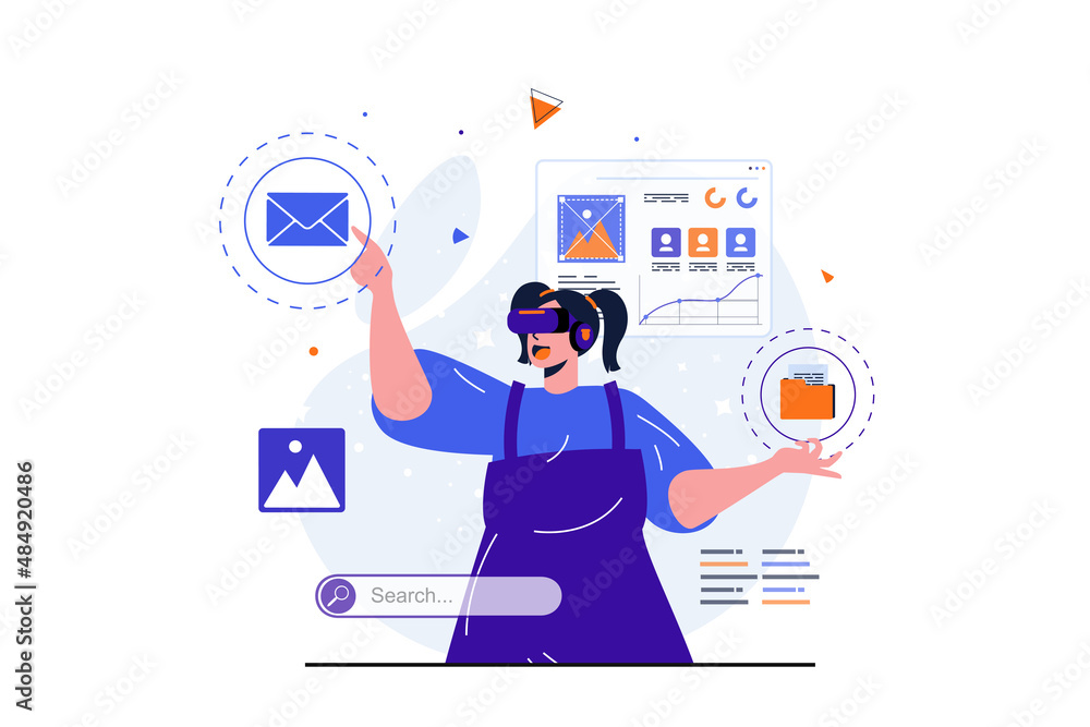 Poster cyberspace modern flat concept for web banner design. happy woman in vr glasses touching buttons and